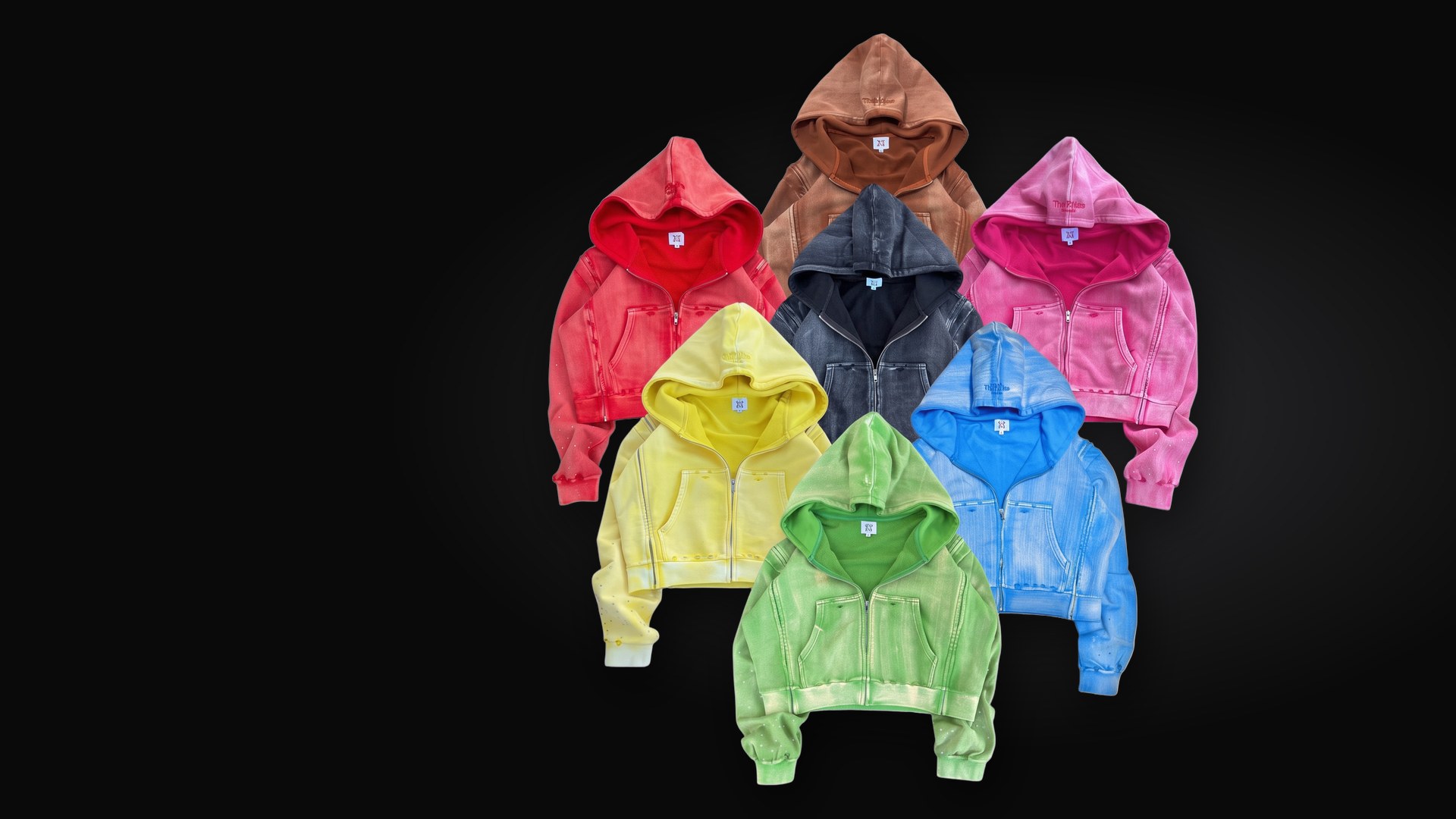 Full run of interchangeable zip-up hoodies in every colorway
